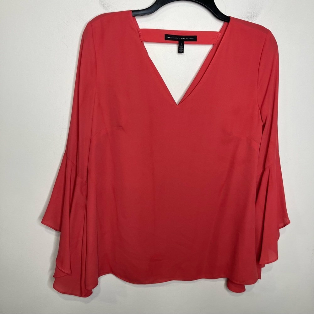 White House Black Market v-neck salmon blouse bell sleeves women’s size 4 dressy